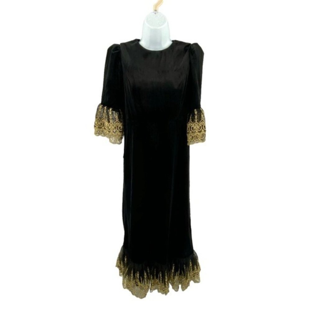 NEW Pomander Place Black Velvet Lillith Gold Embroidered Lace Maxi Dress Size M - Picture 5 of 14
